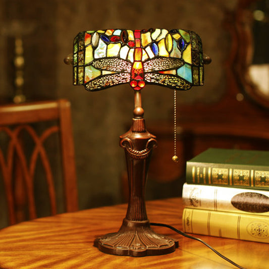Blue 1 Bulb Banker Desk Lighting Victorian Stained Glass Dragonfly Nightstand Light with Pull Chain Clearhalo 'Lamps' 'Table Lamps' Lighting' 2029710