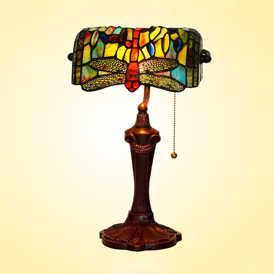 Blue 1 Bulb Banker Desk Lighting Victorian Stained Glass Dragonfly Nightstand Light with Pull Chain Clearhalo 'Lamps' 'Table Lamps' Lighting' 2029712