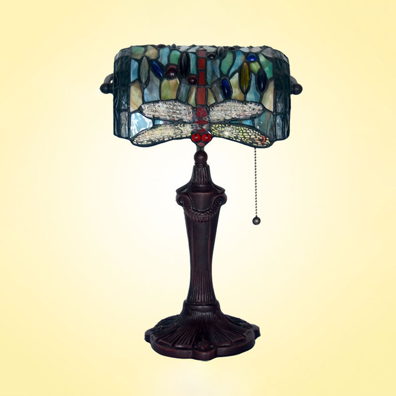 Blue 1 Bulb Banker Desk Lighting Victorian Stained Glass Dragonfly Nightstand Light with Pull Chain Clearhalo 'Lamps' 'Table Lamps' Lighting' 2029713