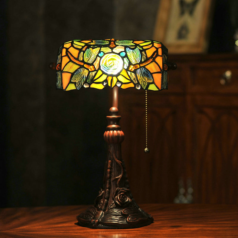 Dragonfly and Flower Cut Glass Banker Lighting Tiffany Style 1-Light Yellow Pull Chain Nightstand Lamp Yellow Clearhalo 'Lamps' 'Table Lamps' Lighting' 2029714