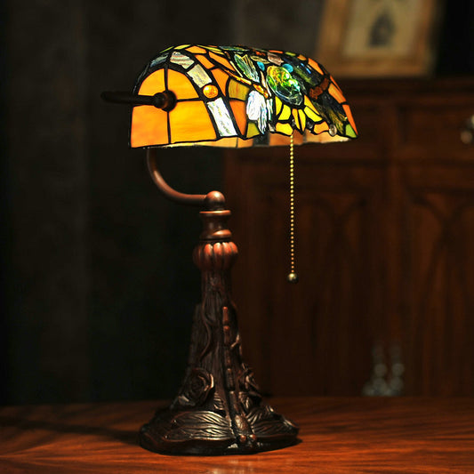 Dragonfly and Flower Cut Glass Banker Lighting Tiffany Style 1-Light Yellow Pull Chain Nightstand Lamp Clearhalo 'Lamps' 'Table Lamps' Lighting' 2029715