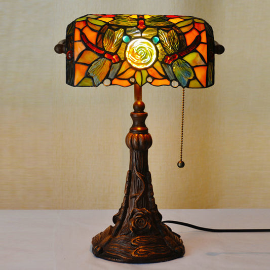 Dragonfly and Flower Cut Glass Banker Lighting Tiffany Style 1-Light Yellow Pull Chain Nightstand Lamp Clearhalo 'Lamps' 'Table Lamps' Lighting' 2029716