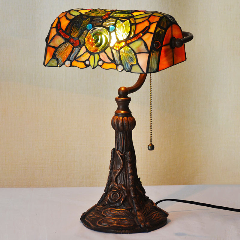 Dragonfly and Flower Cut Glass Banker Lighting Tiffany Style 1-Light Yellow Pull Chain Nightstand Lamp Clearhalo 'Lamps' 'Table Lamps' Lighting' 2029717