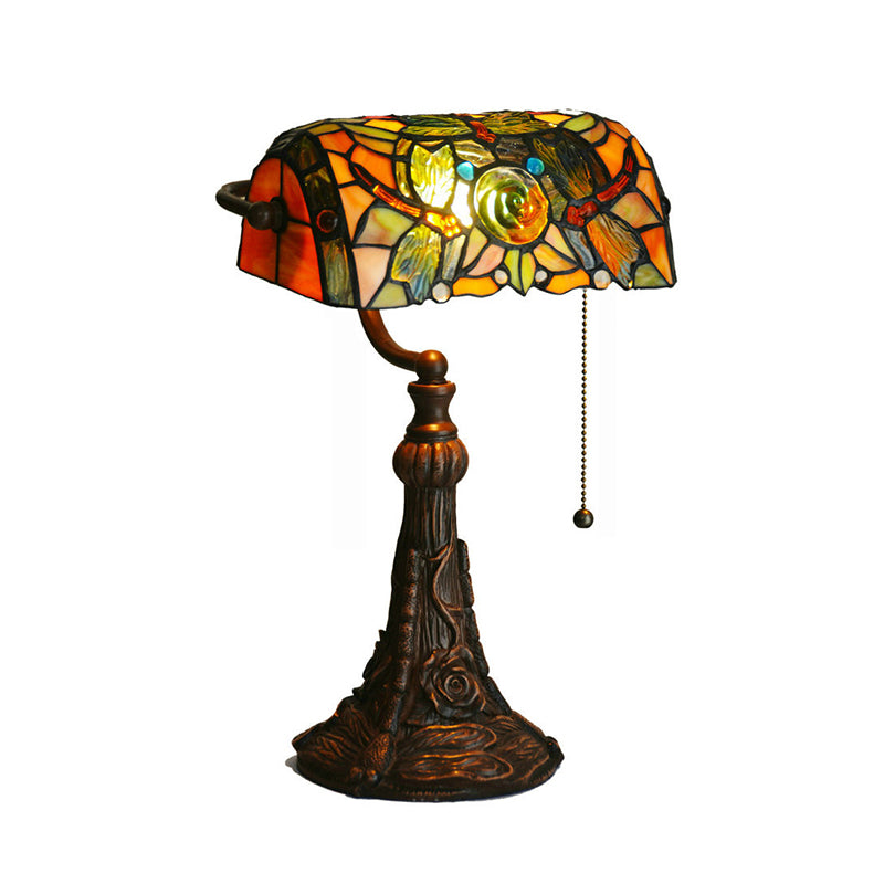 Dragonfly and Flower Cut Glass Banker Lighting Tiffany Style 1-Light Yellow Pull Chain Nightstand Lamp Clearhalo 'Lamps' 'Table Lamps' Lighting' 2029718