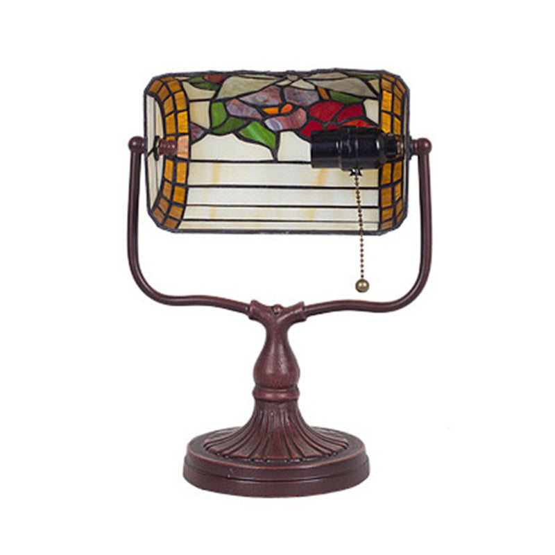 Hand Cut Glass White Banker Lamp Butterfly Patterned 1 Head Mediterranean Table Light with Pull Chain Clearhalo 'Lamps' 'Table Lamps' Lighting' 2029722