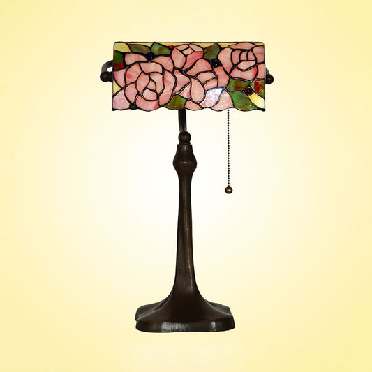 Rose Patterned Piano Lamp Mediterranean Stained Glass 1 Head Pink Pull Chain Desk Lighting Clearhalo 'Lamps' 'Table Lamps' Lighting' 2029736