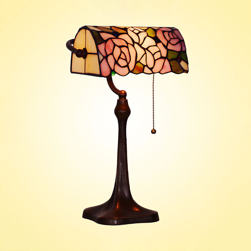 Rose Patterned Piano Lamp Mediterranean Stained Glass 1 Head Pink Pull Chain Desk Lighting Clearhalo 'Lamps' 'Table Lamps' Lighting' 2029737