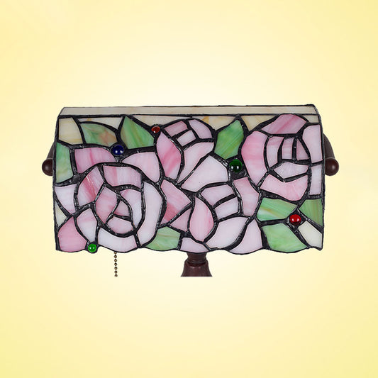 Rose Patterned Piano Lamp Mediterranean Stained Glass 1 Head Pink Pull Chain Desk Lighting Clearhalo 'Lamps' 'Table Lamps' Lighting' 2029738