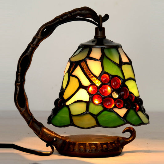 Green Bell Table Light Baroque 1 Bulb Stained Art Glass Night Lighting with Grape Pattern Green Clearhalo 'Lamps' 'Table Lamps' Lighting' 2029749