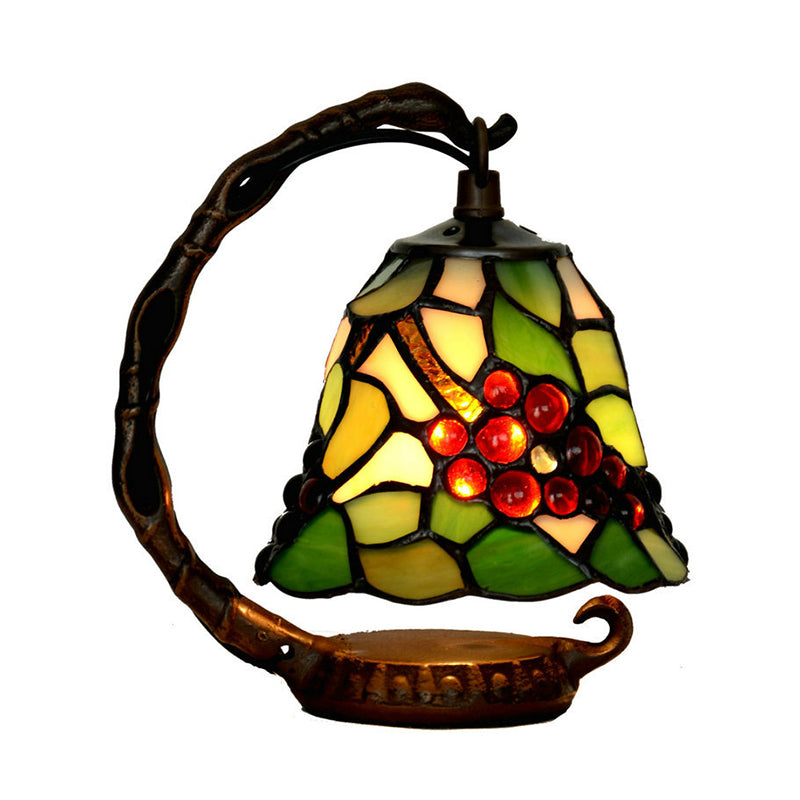Green Bell Table Light Baroque 1 Bulb Stained Art Glass Night Lighting with Grape Pattern Clearhalo 'Lamps' 'Table Lamps' Lighting' 2029751