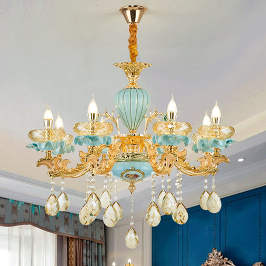 Shallow Bowl Living Room Chandelier Amber Crystal Modern Ceramics Pendant Light Kit in Gold Clearhalo 'Ceiling Lights' 'Chandeliers' Lighting' options 2029759