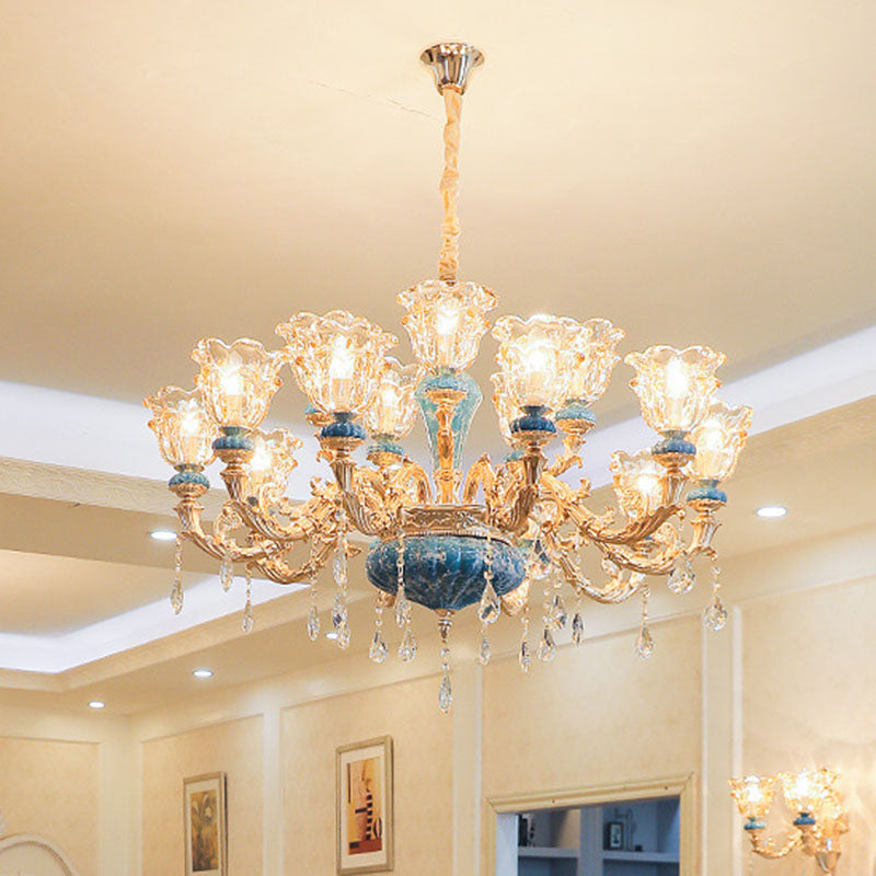 Swooping Arm Living Room Pendant Chandelier Rustic Metal Gold Hanging Ceiling Light with Flower Clear Textured Glass Shade 15 Gold Clearhalo 'Ceiling Lights' 'Chandeliers' Lighting' options 2029789_2b436125-5b6c-44f1-ab91-2a6f0e373fd0