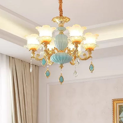 Gold Blossom Ceiling Chandelier Modernity Frosted Glass Hanging Light Fixture with Crystal Accent 6 Gold Clearhalo 'Ceiling Lights' 'Chandeliers' Lighting' options 2029792_2d4b546f-1f09-4636-84f2-f27d4a39e2af