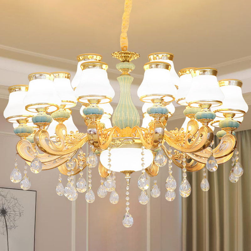 Milky Glass Pear Shade Drop Pendant Simple Chandelier Light Fixture with Crystal Drop in Gold 18 Gold Clearhalo 'Ceiling Lights' 'Chandeliers' 'Modern Chandeliers' 'Modern' Lighting' 2029825