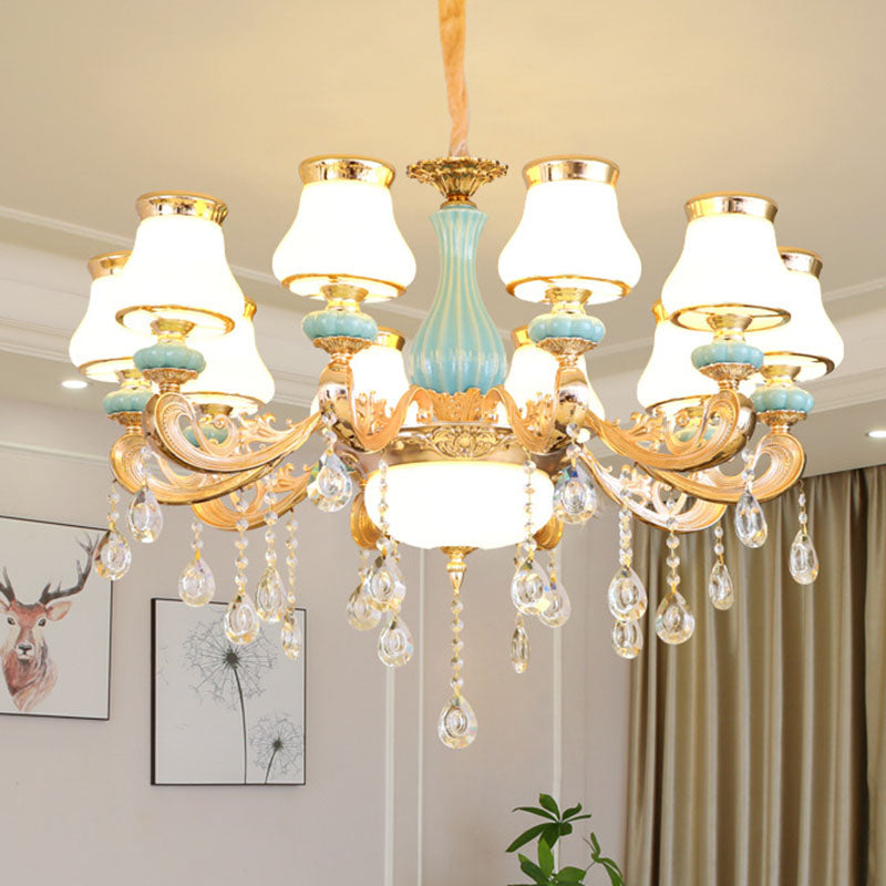 Milky Glass Pear Shade Drop Pendant Simple Chandelier Light Fixture with Crystal Drop in Gold 10 Gold Clearhalo 'Ceiling Lights' 'Chandeliers' 'Modern Chandeliers' 'Modern' Lighting' 2029829