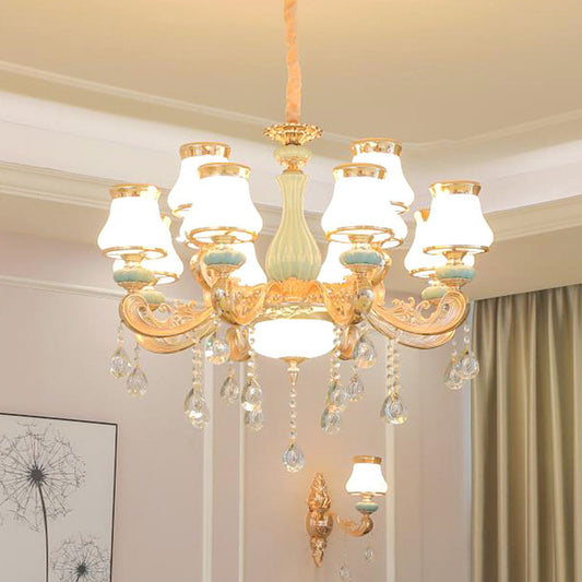 Milky Glass Pear Shade Drop Pendant Simple Chandelier Light Fixture with Crystal Drop in Gold Clearhalo 'Ceiling Lights' 'Chandeliers' 'Modern Chandeliers' 'Modern' Lighting' 2029830
