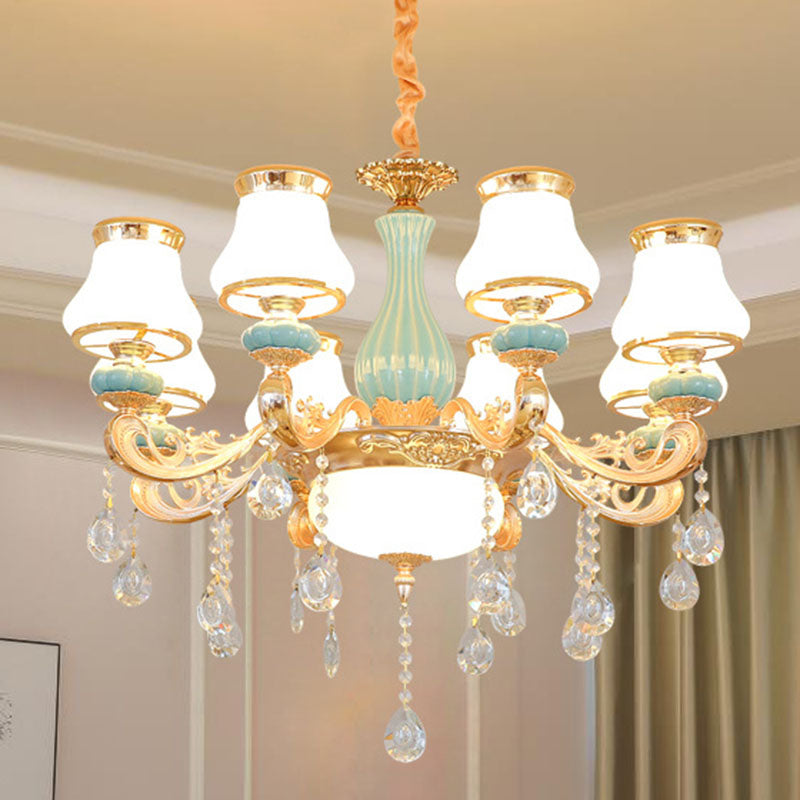 Milky Glass Pear Shade Drop Pendant Simple Chandelier Light Fixture with Crystal Drop in Gold 8 Gold Clearhalo 'Ceiling Lights' 'Chandeliers' 'Modern Chandeliers' 'Modern' Lighting' 2029831