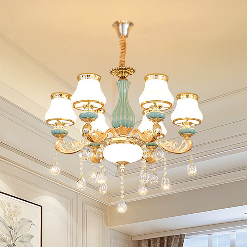 Milky Glass Pear Shade Drop Pendant Simple Chandelier Light Fixture with Crystal Drop in Gold Clearhalo 'Ceiling Lights' 'Chandeliers' 'Modern Chandeliers' 'Modern' Lighting' 2029833