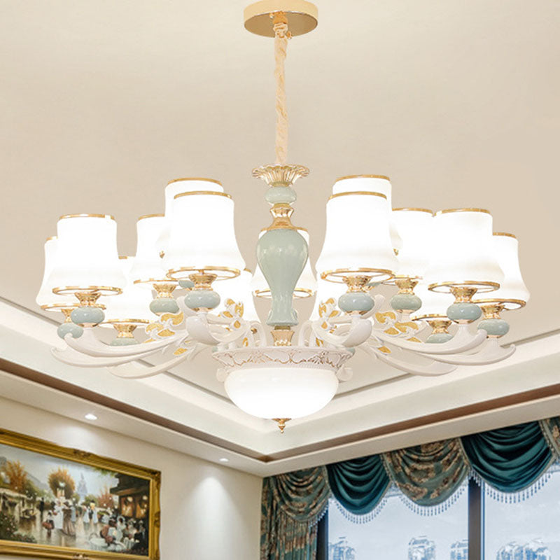 Contemporary Cone Chandelier Cream Glass Living Room Pendant Light Kit in Light Blue 15 Light Blue Clearhalo 'Ceiling Lights' 'Chandeliers' 'Modern Chandeliers' 'Modern' Lighting' 2029834