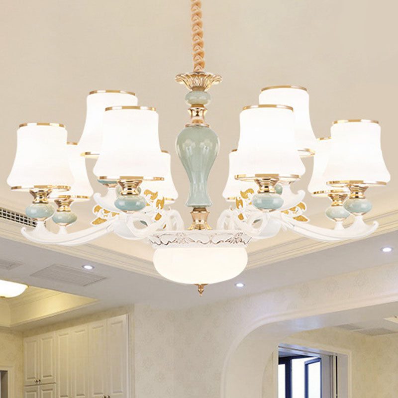 Contemporary Cone Chandelier Cream Glass Living Room Pendant Light Kit in Light Blue 12 Light Blue Clearhalo 'Ceiling Lights' 'Chandeliers' 'Modern Chandeliers' 'Modern' Lighting' 2029838