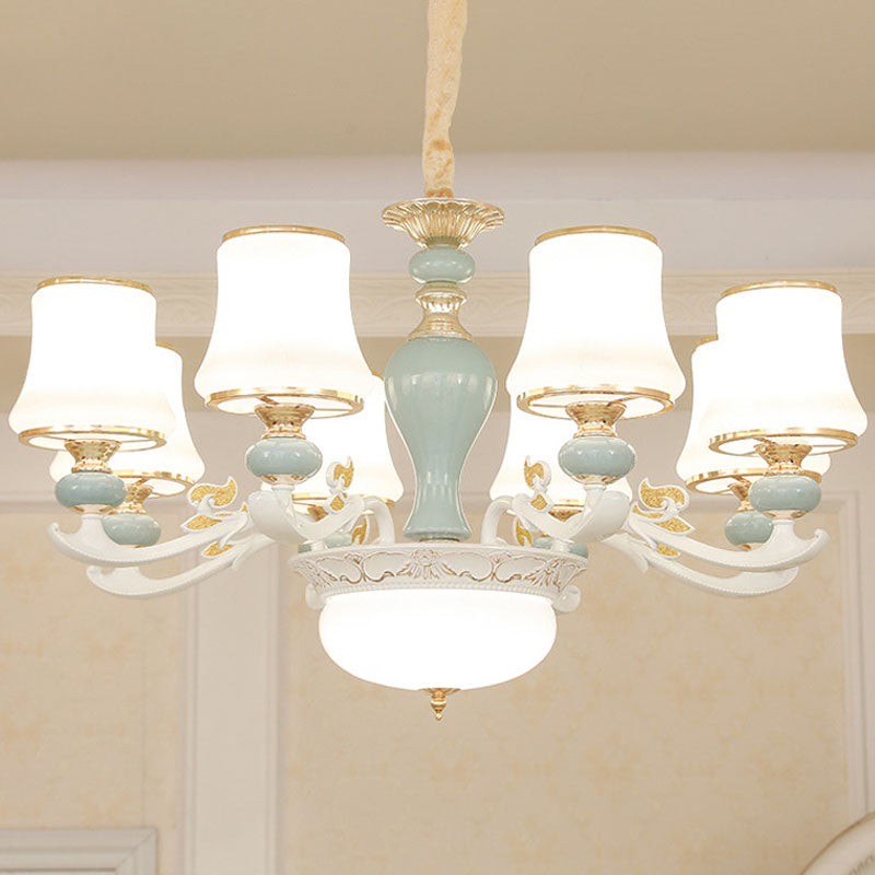Contemporary Cone Chandelier Cream Glass Living Room Pendant Light Kit in Light Blue 8 Light Blue Clearhalo 'Ceiling Lights' 'Chandeliers' 'Modern Chandeliers' 'Modern' Lighting' 2029842