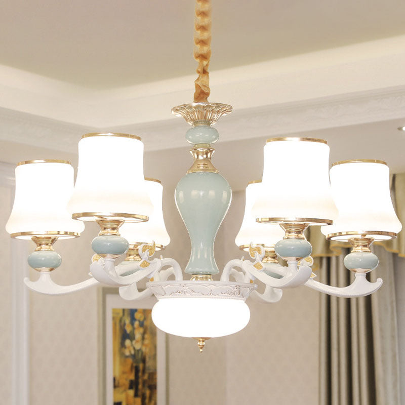 Contemporary Cone Chandelier Cream Glass Living Room Pendant Light Kit in Light Blue 6 Light Blue Clearhalo 'Ceiling Lights' 'Chandeliers' 'Modern Chandeliers' 'Modern' Lighting' 2029843