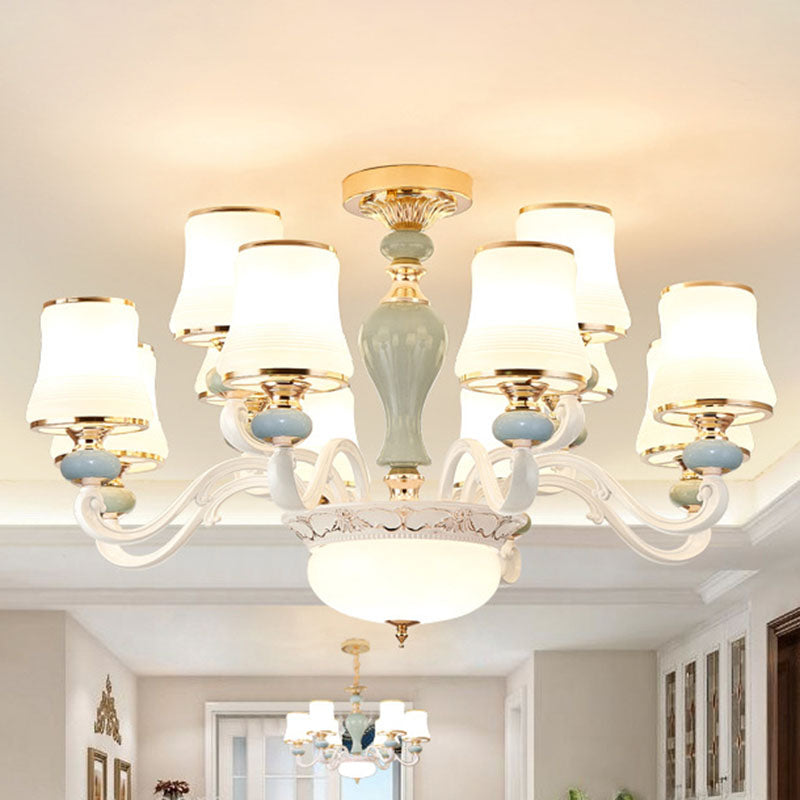 Opaline Glass Flared Chandelier Lamp Modernist Down Lighting Pendant in Light Blue 12 Light Blue Clearhalo 'Ceiling Lights' 'Chandeliers' 'Modern Chandeliers' 'Modern' Lighting' 2029848