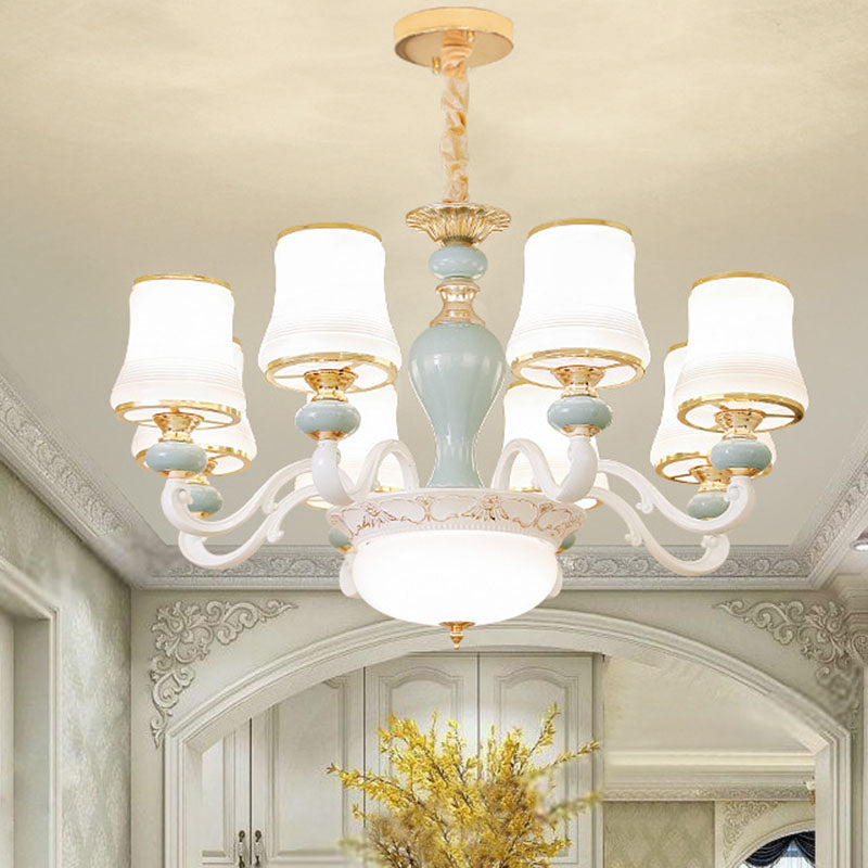Opaline Glass Flared Chandelier Lamp Modernist Down Lighting Pendant in Light Blue 8 Light Blue Clearhalo 'Ceiling Lights' 'Chandeliers' 'Modern Chandeliers' 'Modern' Lighting' 2029851