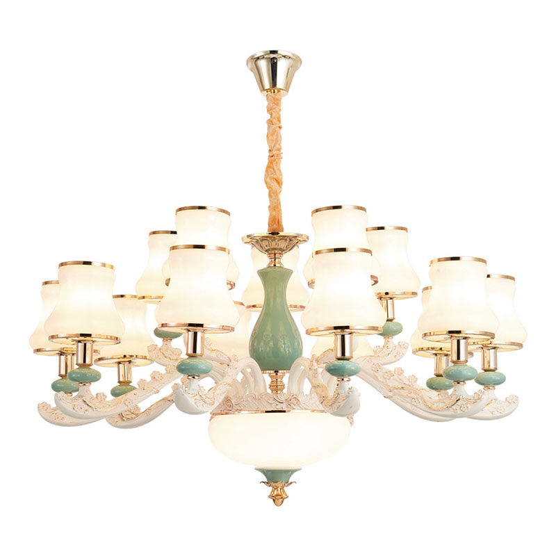 Flared Frosted Glass Suspension Lighting Modern White Ceramics Chandelier Light for Living Room Clearhalo 'Ceiling Lights' 'Chandeliers' 'Modern Chandeliers' 'Modern' Lighting' 2029868