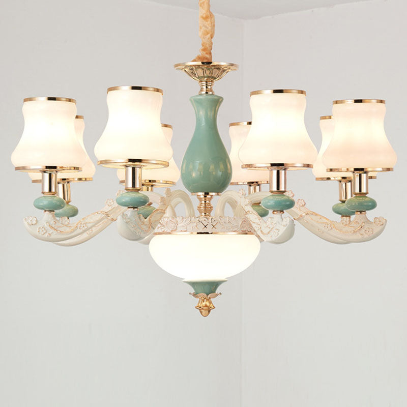 Flared Frosted Glass Suspension Lighting Modern White Ceramics Chandelier Light for Living Room Clearhalo 'Ceiling Lights' 'Chandeliers' 'Modern Chandeliers' 'Modern' Lighting' 2029873