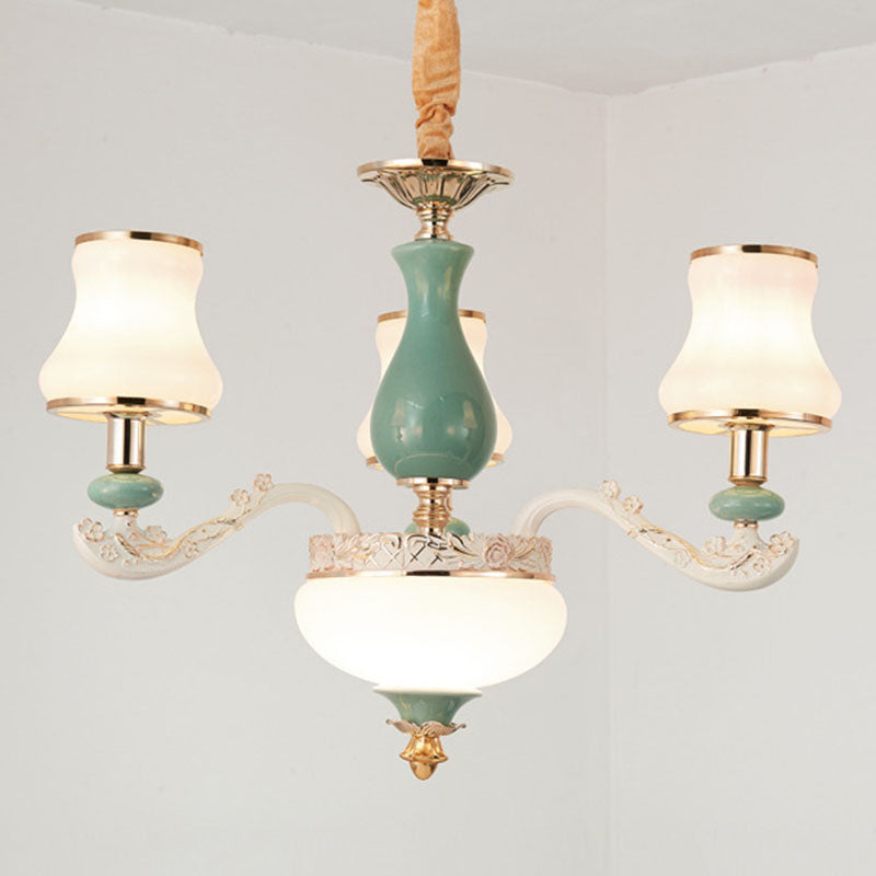 Flared Frosted Glass Suspension Lighting Modern White Ceramics Chandelier Light for Living Room 3 White Clearhalo 'Ceiling Lights' 'Chandeliers' 'Modern Chandeliers' 'Modern' Lighting' 2029876