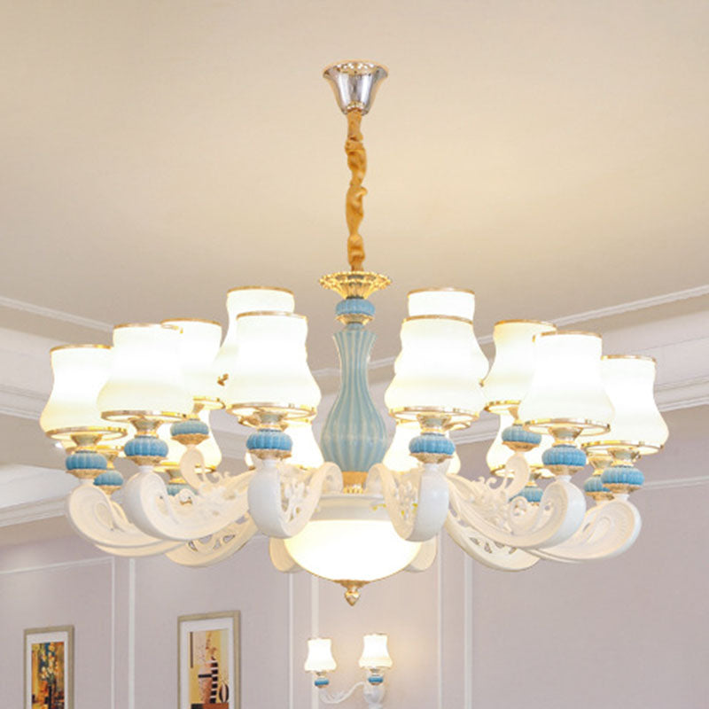 White Glass Tapered Chandelier Contemporary Light Blue Pendant Lighting for Living Room 18 White Clearhalo 'Ceiling Lights' 'Chandeliers' 'Modern Chandeliers' 'Modern' Lighting' 2029877