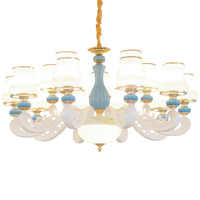 White Glass Tapered Chandelier Contemporary Light Blue Pendant Lighting for Living Room Clearhalo 'Ceiling Lights' 'Chandeliers' 'Modern Chandeliers' 'Modern' Lighting' 2029879