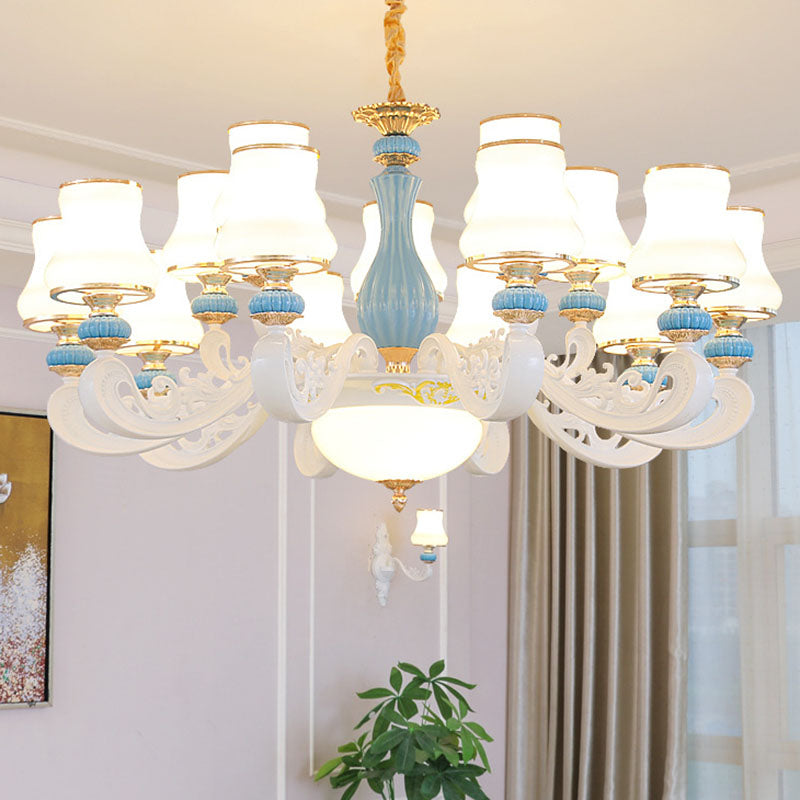 White Glass Tapered Chandelier Contemporary Light Blue Pendant Lighting for Living Room 15 White Clearhalo 'Ceiling Lights' 'Chandeliers' 'Modern Chandeliers' 'Modern' Lighting' 2029880
