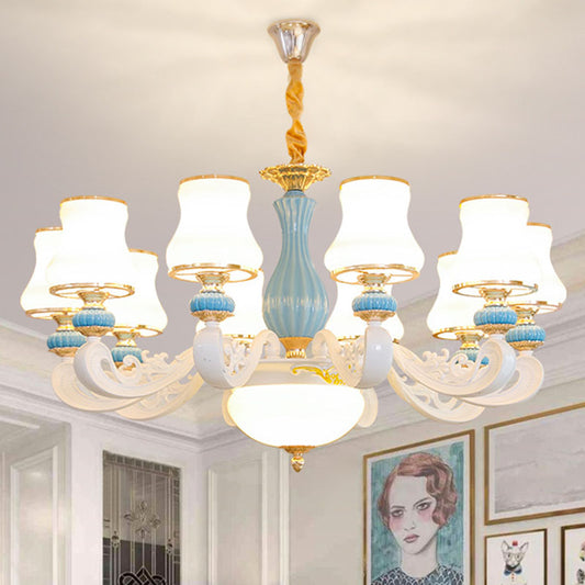 White Glass Tapered Chandelier Contemporary Light Blue Pendant Lighting for Living Room 10 White Clearhalo 'Ceiling Lights' 'Chandeliers' 'Modern Chandeliers' 'Modern' Lighting' 2029882