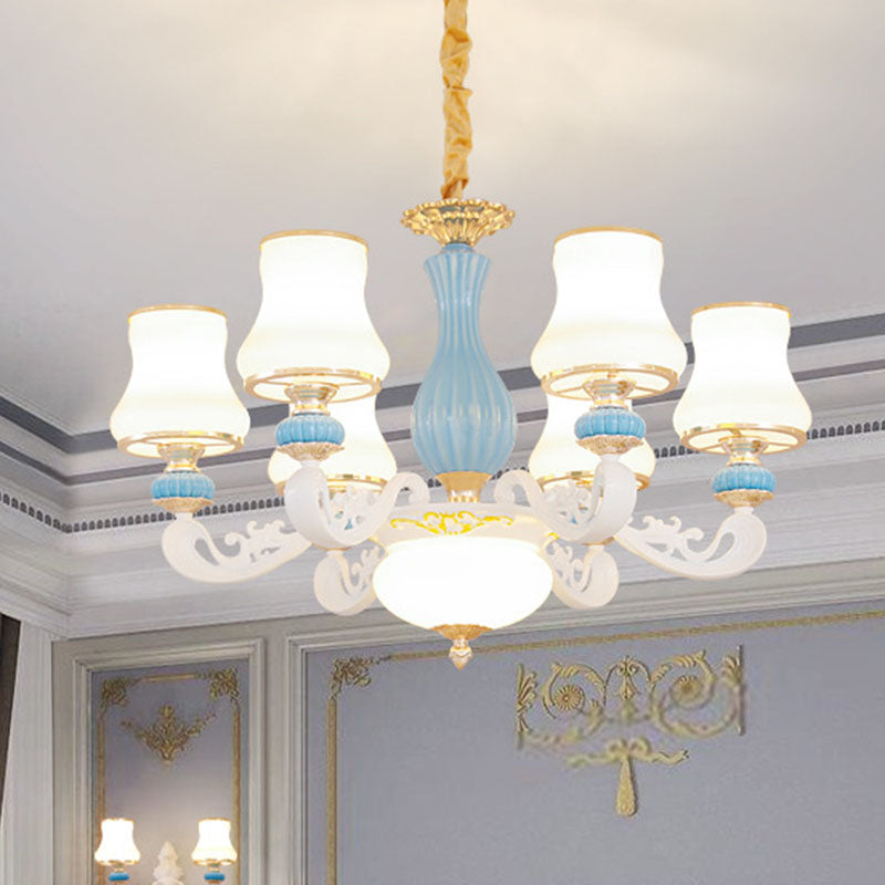 White Glass Tapered Chandelier Contemporary Light Blue Pendant Lighting for Living Room 6 White Clearhalo 'Ceiling Lights' 'Chandeliers' 'Modern Chandeliers' 'Modern' Lighting' 2029885