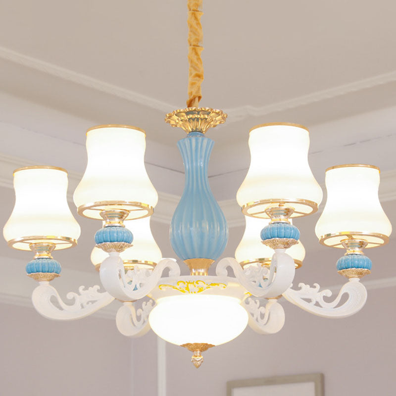 White Glass Tapered Chandelier Contemporary Light Blue Pendant Lighting for Living Room Clearhalo 'Ceiling Lights' 'Chandeliers' 'Modern Chandeliers' 'Modern' Lighting' 2029886