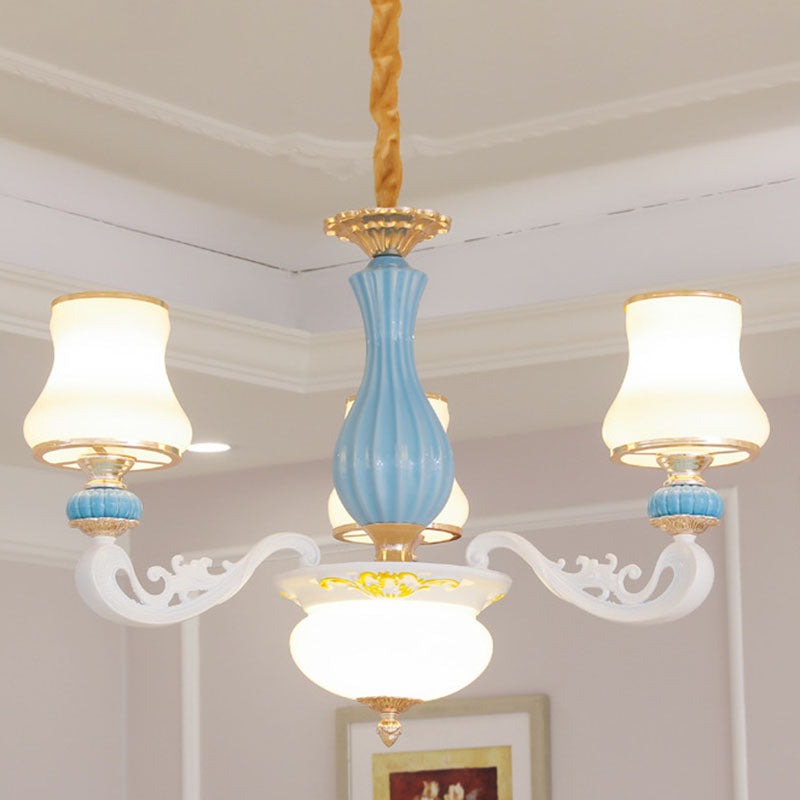 White Glass Tapered Chandelier Contemporary Light Blue Pendant Lighting for Living Room 3 White Clearhalo 'Ceiling Lights' 'Chandeliers' 'Modern Chandeliers' 'Modern' Lighting' 2029887