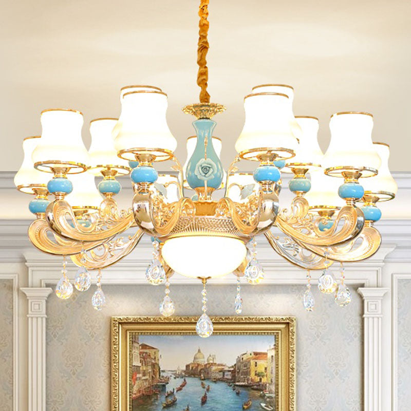 Tapered Pendant Chandelier Modernist Opal Frosted Glass Gold Hanging Light Kit with Crystal Accent 15 Gold Clearhalo 'Ceiling Lights' 'Chandeliers' 'Modern Chandeliers' 'Modern' Lighting' 2029891