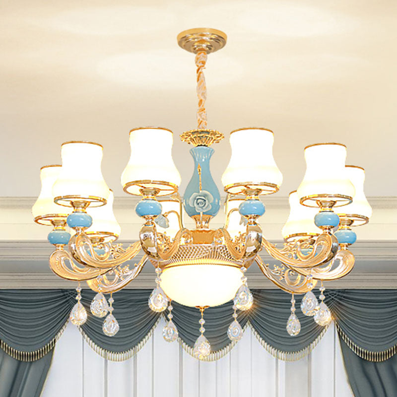 Tapered Pendant Chandelier Modernist Opal Frosted Glass Gold Hanging Light Kit with Crystal Accent 10 Gold Clearhalo 'Ceiling Lights' 'Chandeliers' 'Modern Chandeliers' 'Modern' Lighting' 2029895