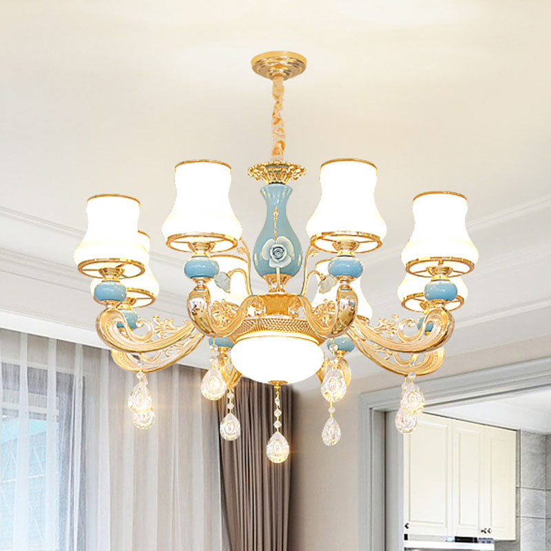 Tapered Pendant Chandelier Modernist Opal Frosted Glass Gold Hanging Light Kit with Crystal Accent 8 Gold Clearhalo 'Ceiling Lights' 'Chandeliers' 'Modern Chandeliers' 'Modern' Lighting' 2029897