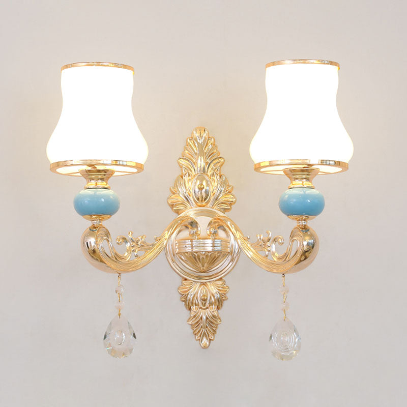 Tapered Pendant Chandelier Modernist Opal Frosted Glass Gold Hanging Light Kit with Crystal Accent 2 Gold Clearhalo 'Ceiling Lights' 'Chandeliers' 'Modern Chandeliers' 'Modern' Lighting' 2029900