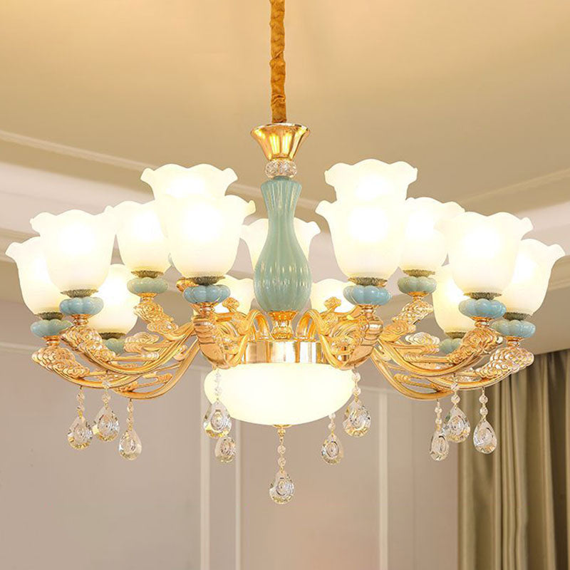 Nordic Chandelier Lamp Petal Crystal Pendant Light Fixture with Frosted Glass Shade 15 Gold Clearhalo 'Ceiling Lights' 'Chandeliers' 'Modern Chandeliers' 'Modern' Lighting' 2029913