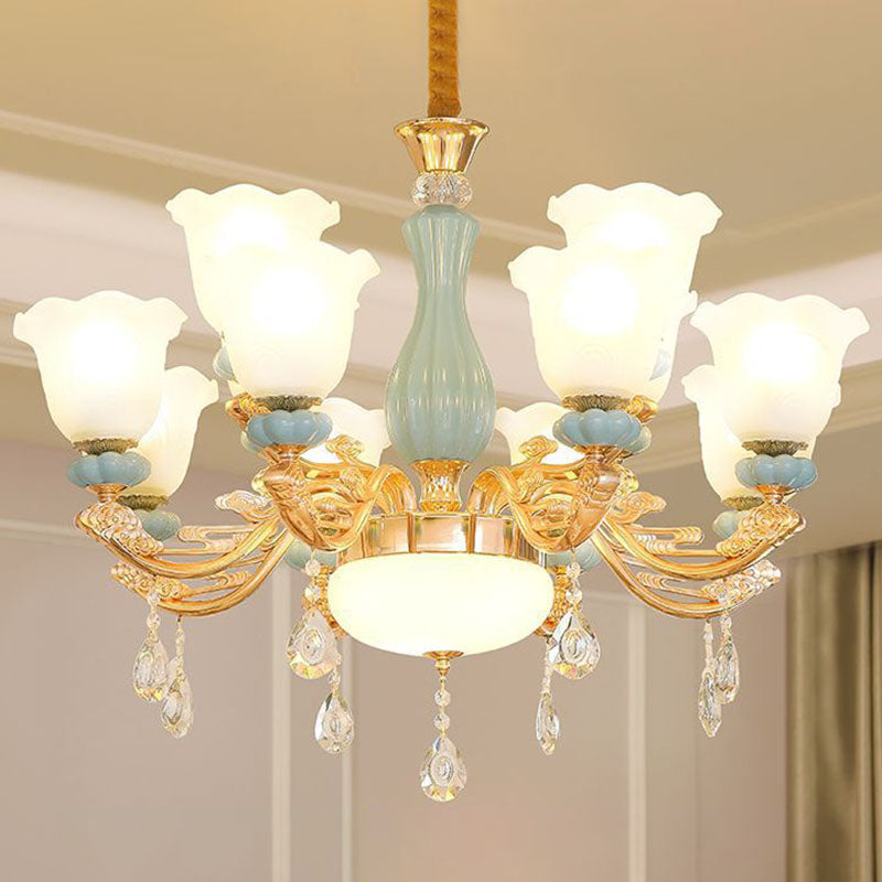 Nordic Chandelier Lamp Petal Crystal Pendant Light Fixture with Frosted Glass Shade 12 Gold Clearhalo 'Ceiling Lights' 'Chandeliers' 'Modern Chandeliers' 'Modern' Lighting' 2029916