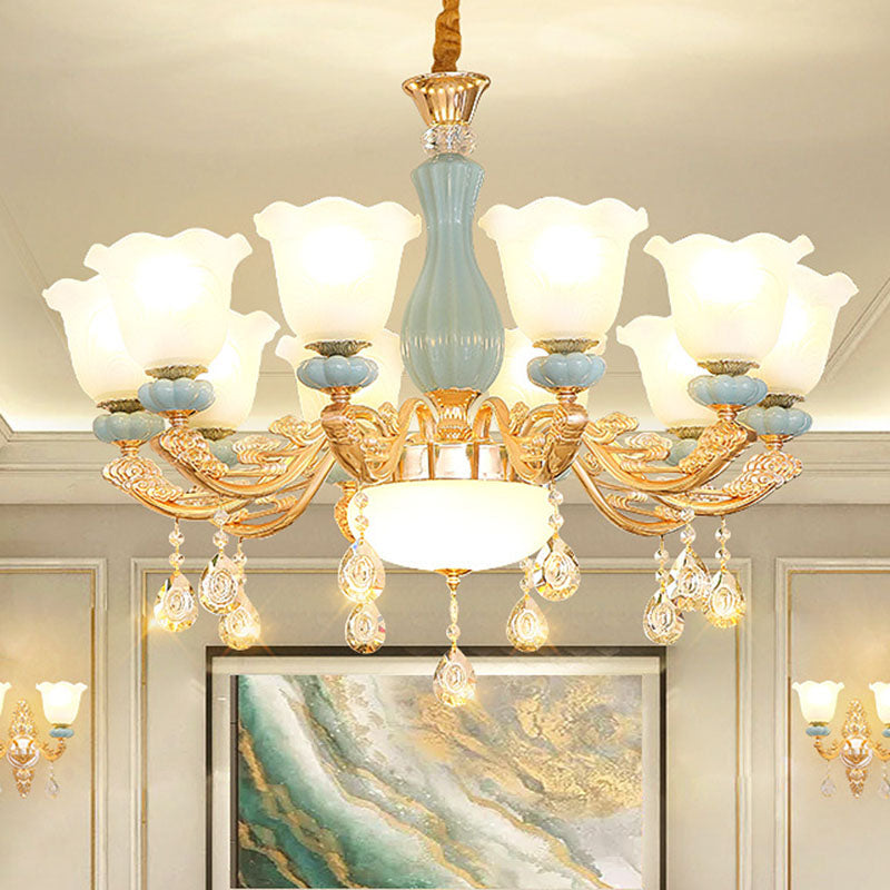 Nordic Chandelier Lamp Petal Crystal Pendant Light Fixture with Frosted Glass Shade 10 Gold Clearhalo 'Ceiling Lights' 'Chandeliers' 'Modern Chandeliers' 'Modern' Lighting' 2029917