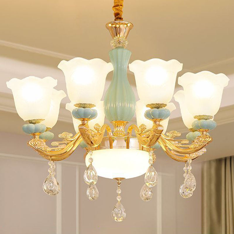 Nordic Chandelier Lamp Petal Crystal Pendant Light Fixture with Frosted Glass Shade 8 Gold Clearhalo 'Ceiling Lights' 'Chandeliers' 'Modern Chandeliers' 'Modern' Lighting' 2029919