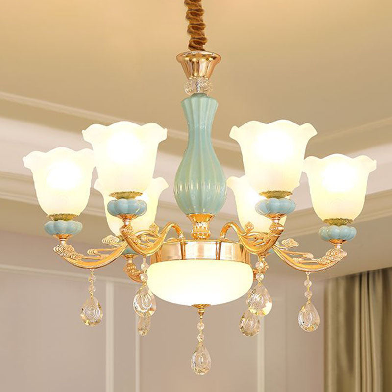 Nordic Chandelier Lamp Petal Crystal Pendant Light Fixture with Frosted Glass Shade 6 Gold Clearhalo 'Ceiling Lights' 'Chandeliers' 'Modern Chandeliers' 'Modern' Lighting' 2029920