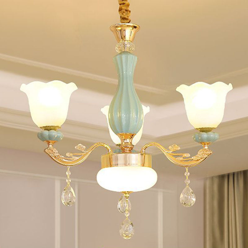 Nordic Chandelier Lamp Petal Crystal Pendant Light Fixture with Frosted Glass Shade 3 Gold Clearhalo 'Ceiling Lights' 'Chandeliers' 'Modern Chandeliers' 'Modern' Lighting' 2029922