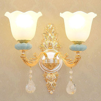 Nordic Chandelier Lamp Petal Crystal Pendant Light Fixture with Frosted Glass Shade 2 Gold Clearhalo 'Ceiling Lights' 'Chandeliers' 'Modern Chandeliers' 'Modern' Lighting' 2029923