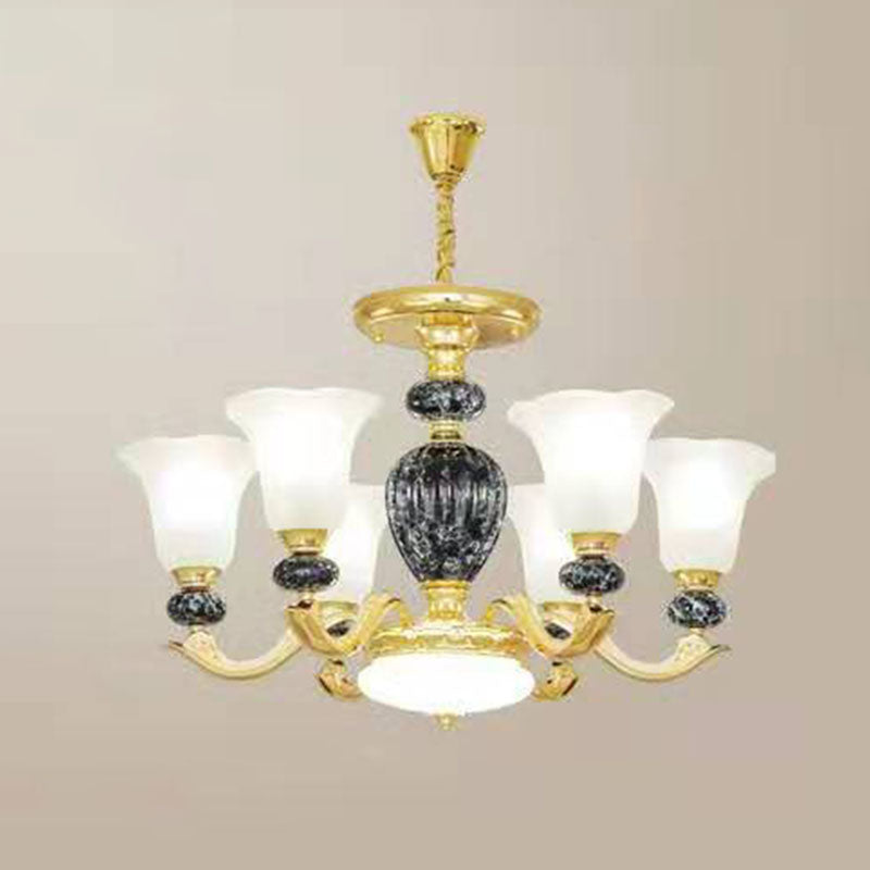 Frosted Glass Morning Glory Hanging Lamp Minimal Chandelier Light Fixture for Living Room 6 Black Clearhalo 'Ceiling Lights' 'Chandeliers' 'Modern Chandeliers' 'Modern' Lighting' 2029950